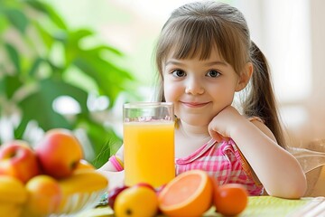 girl who takes care of her nutrition by drinking juice at breakfast