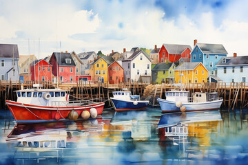 Lively watercolor painting depicting a bustling harbor with sailboats against a backdrop of colorful houses. - obrazy, fototapety, plakaty
