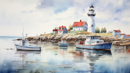 Mesmerizing watercolor painting portraying a peaceful harbor with fishing boats and a lighthouse. - obrazy, fototapety, plakaty