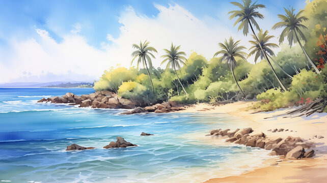 Tranquil watercolor landscape showcasing a secluded beach with coconut trees swaying in a gentle breeze.