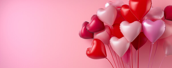 vibrant and romantic Valentine's Day banner featuring a heart-shaped balloon bouquet, with copy space for personalized messages or greetings