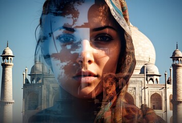 portrait of a woman against the background of a photo of Istanbul, photo with double exposure, symbol of femininity, symbol of Turkey