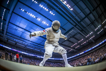 Fototapeta na wymiar Left-handed fencing athlete in a competition, in a stadium full of people.digital AI