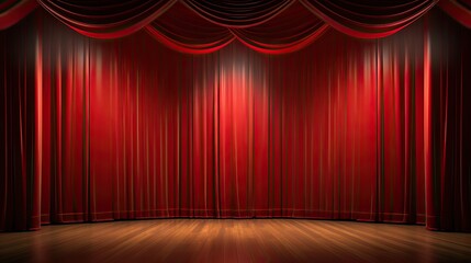 Red curtains on the stage of theater and film. Empty Stage with a closed red curtain, light from footlights background