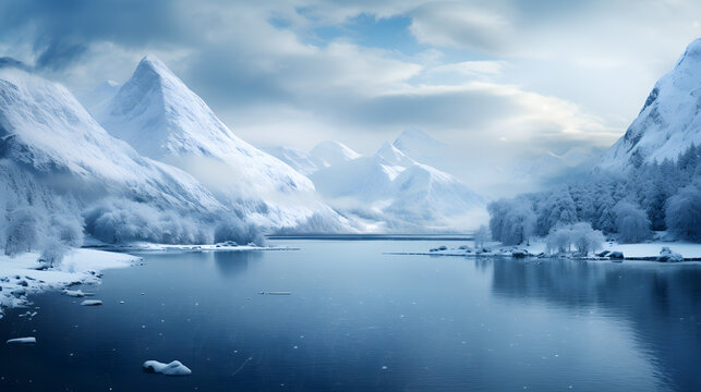 A serene fjord, with crystal-clear waters as the background, during the tranquil winter snowfall