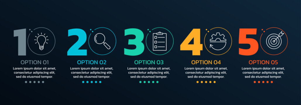 5 step, option infographic template. Process diagram, business presentation with modern icons. Timeline info graphic design. Five option flow chart, layout concept. Vector illustration.