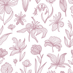 Fototapeta na wymiar Trendy floral seamless pattern. Hand drawn contour lines of fantastic plants and flowers in magenta. Vector illustrations of lilies, orchids, poppies and tulips.