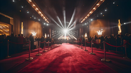 an empty red carpet in a glamour indoor room night with people on either side. spotlights and rope. © Lucianastudio
