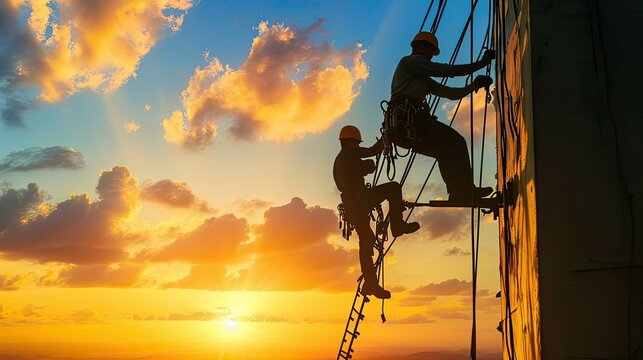 Two men working together at height under the sunrise.