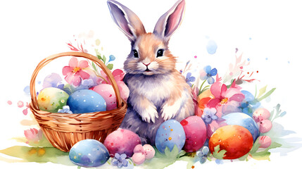 Easter bunny on holiday watercolor background