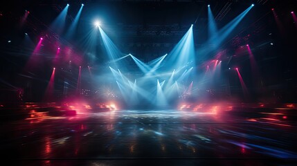 Neon-lit stage. Neon stage background, pedestal with neon light and haze. Rays from spotlights illuminate podium stage