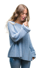 Beautiful young blonde woman wearing winter sweater over isolated background feeling unwell and coughing as symptom for cold or bronchitis. Healthcare concept.