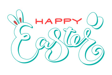 Cute Happy Easter lettering quote with bunny ears decoration, hand written with ink brush. Png clipart isolated on transparent background