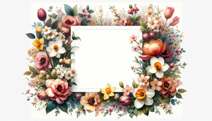 Naklejka na ściany i meble flower blooming flatlay card blank mockup postcard decorated with beautiful flowers celebration march 8
