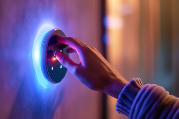 Close-ups of hands adjusting smart thermostats or lighting.