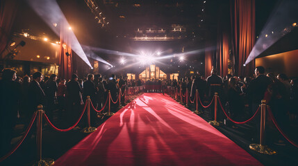 an empty red carpet in an indoor room night with people on either side. spotlights and rope. - obrazy, fototapety, plakaty