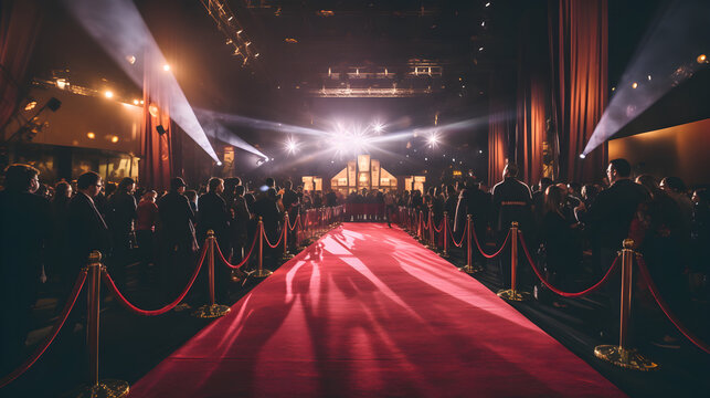 an empty red carpet in an indoor room night with people on either side. spotlights and rope.