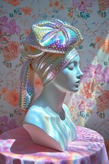 Strikingly colorful mannequin head sporting a sparkly turban, set against a floral background