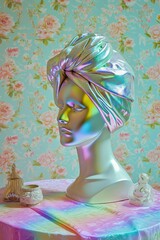 Trendy mannequin head with a multicolored turban, paired with elegant vintage decor on display