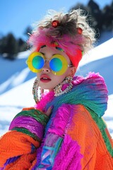 Vibrant portrait of a model in colorful winter attire against a snowy backdrop, showcasing bold fashion