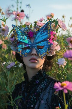 A mysterious woman hidden behind a vibrant butterfly mask stands amidst a field of flowers