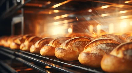 Papier Peint photo Boulangerie Bread bakery with baked loafs in shelfs of commercial kitchen concept of bread baking production manufacture business and modern technology