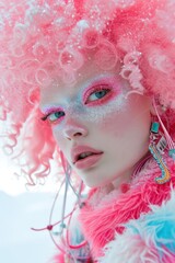 Model showcases a pink winter theme with intricately detailed makeup and frosty backdrop
