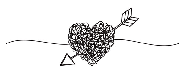 Heart and arrow tangled banner scribble hand drawn with thin line, divider shape. PNG isolated on...