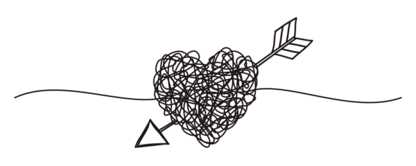 Heart and arrow tangled banner scribble hand drawn with thin line, divider shape. PNG isolated on transparent background