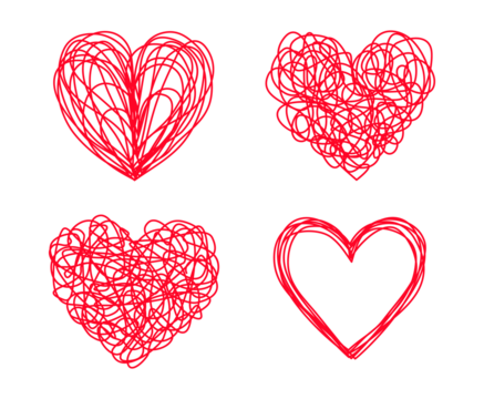Heart shaped tangled grungy scribbles hand drawn with thin line, divider shape. PNG isolated on transparent background
