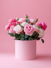 A beautiful arrangement of pink peonies in a cylindrical pink box against a soft pink background