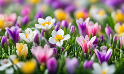 Crocuses and colorful spring flowers close up
