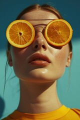 Artistic beauty portrait of a woman with orange slices over her eyes, with a deep blue background