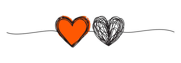 Banner with two tangled scribble hearts hand drawn with thin line, divider shape. Png clipart...