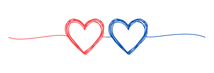 Two tangled hearts pink and blue hand drawn scribble with thin line, divider shape. Png clipart...