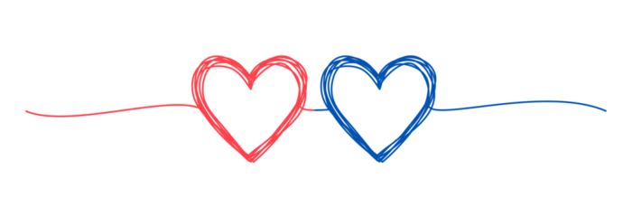 Two tangled hearts pink and blue hand drawn scribble with thin line, divider shape. Png clipart isolated on transparent background