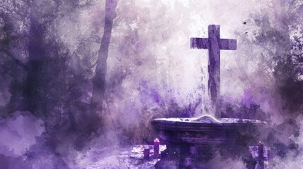 Artistic watercolor depiction of an Ash Wednesday altar scene, cross of ashes, and purple accents, serene and contemplative atmosphere