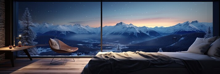 beautiful and cozy place in the hotel with a view of the winter, snowy mountains, Generative AI