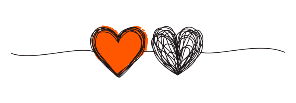 Banner with two tangled scribble hearts hand drawn with thin line, divider shape. Png clipart isolated on transparent background