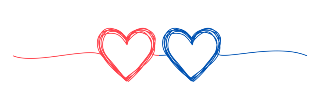 Two tangled hearts pink and blue hand drawn scribble with thin line, divider shape. Png clipart isolated on transparent background