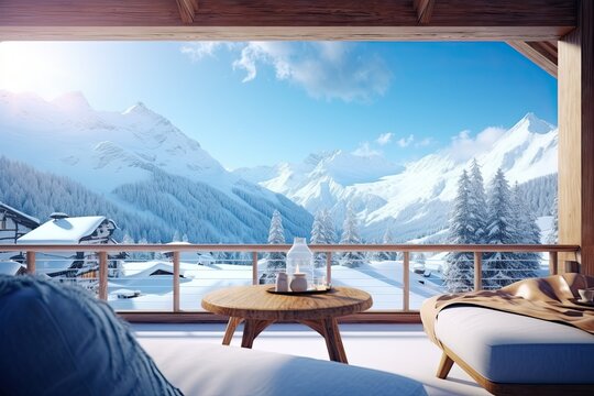 beautiful and cozy place in the hotel with a view of the winter, snowy mountains, Generative AI