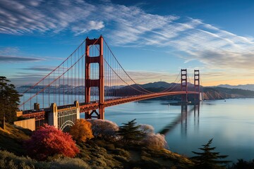 Golden Gate Bridge in San Francisco or Brooklyn bridge, USA. The big, red suspension bridge across...