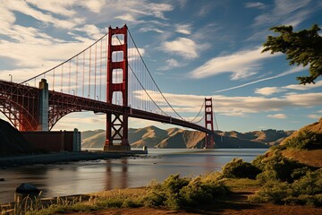 Golden Gate Bridge in San Francisco or Brooklyn bridge, USA. The big, red suspension bridge across...