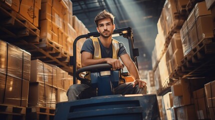 Fototapeta na wymiar Warehouse Worker Operating a Forklift. Generative ai