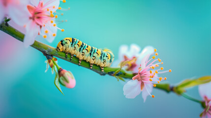 une jolie chenille se déplace sur la branche d'un cerisier en fleurs au printemps - obrazy, fototapety, plakaty