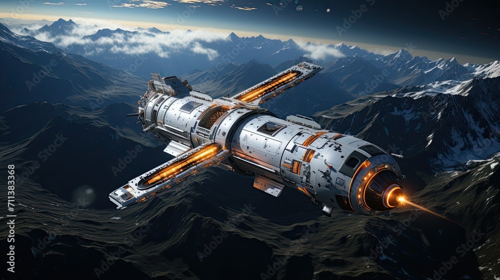 Aufkleber large spaceship in space in orbit against the background of the earth, cinematic still, future conce