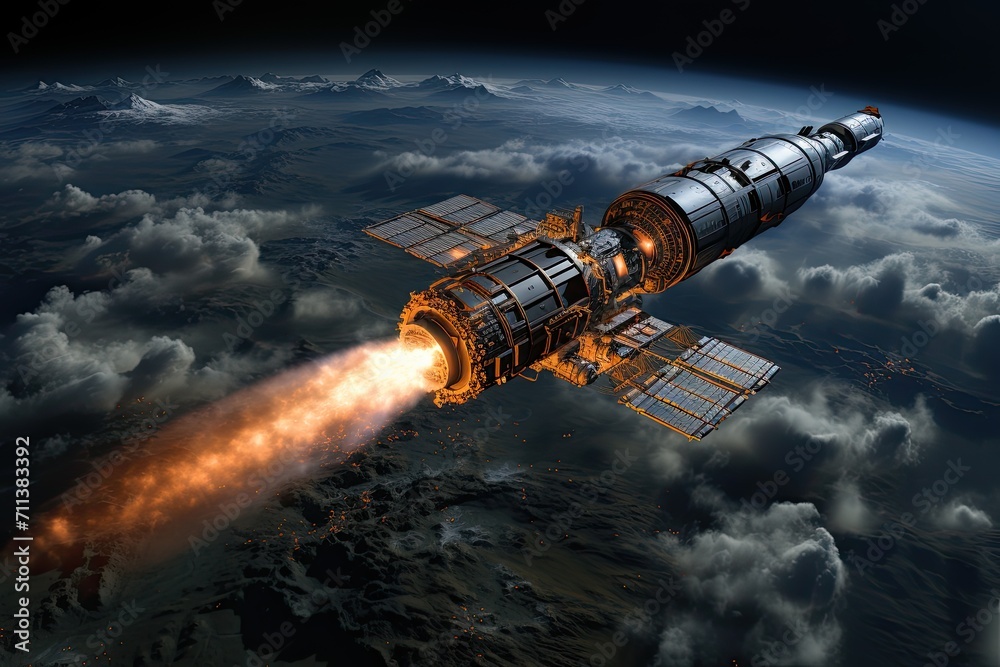 Aufkleber large spaceship in space in orbit against the background of the earth, cinematic still, future conce