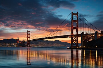 Fototapeta na wymiar Golden Gate Bridge in San Francisco or Brooklyn bridge, USA. The big, red suspension bridge across the Strait in America, Generative AI
