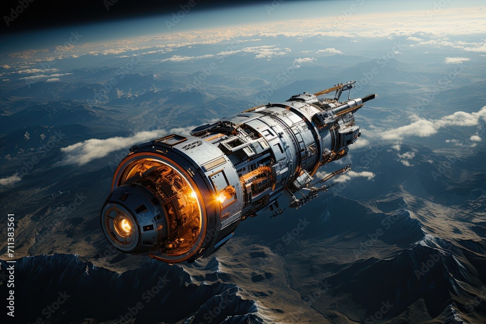 Aufkleber large spaceship in space in orbit against the background of the earth, cinematic still, future conce