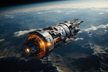 large spaceship in space in orbit against the background of the earth, Cinematic Still, Future...